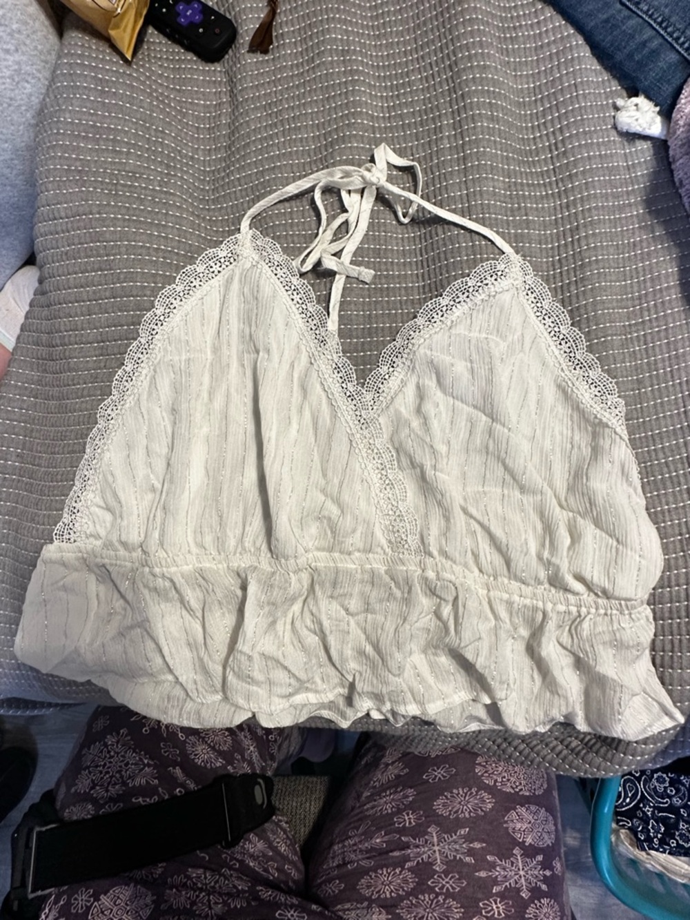 SHEIN White Lace Trim Halter Crop Top